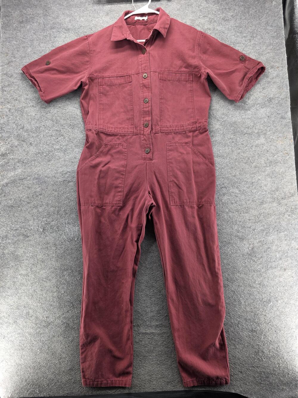 Mod Ref Jumpsuit Womens L Red Button Front Short Sleeve Pockets Cotton